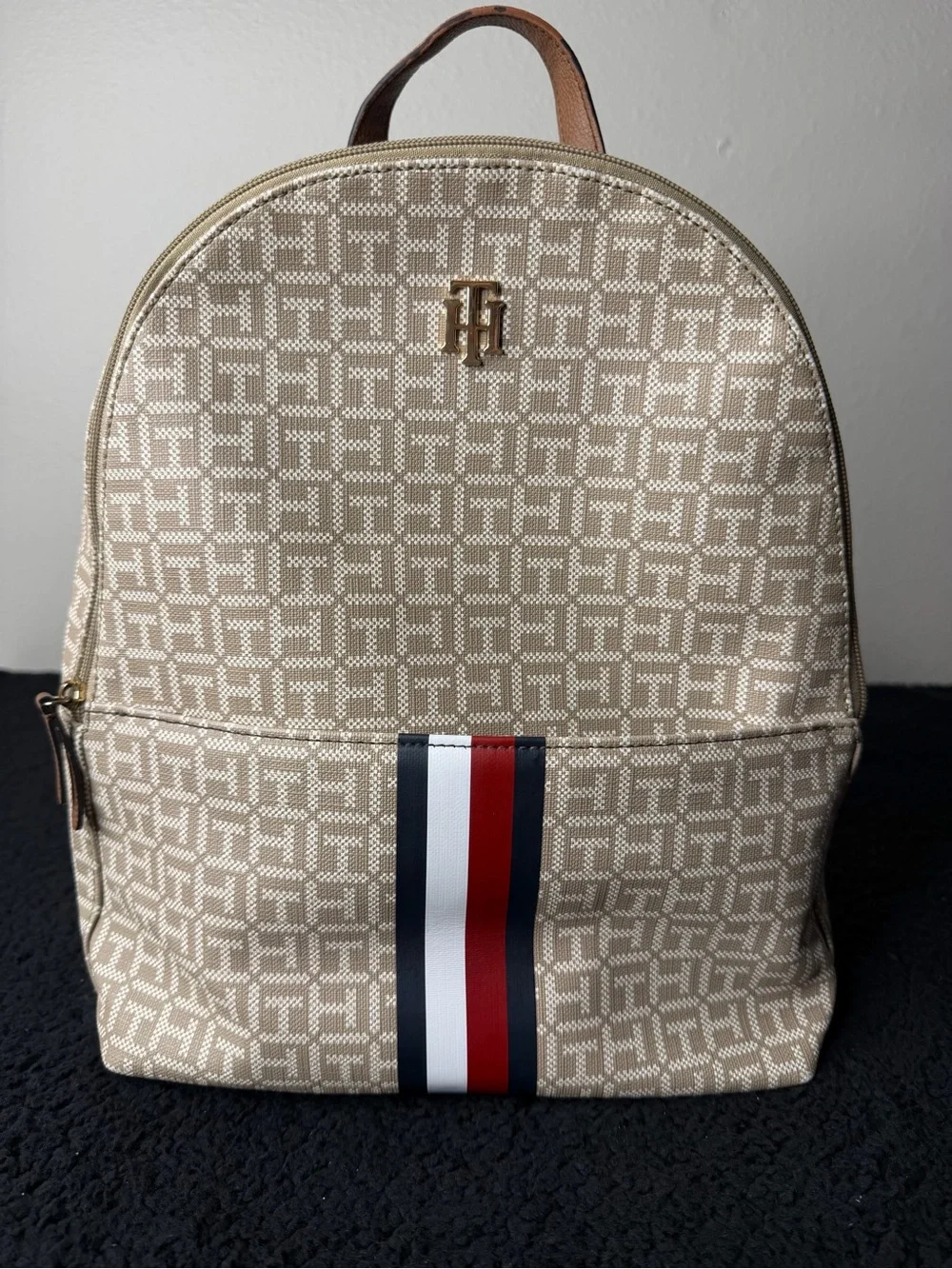 Tommy Hilfiger Women’s Monogram Backpack Logo Tan Beige Stripe
